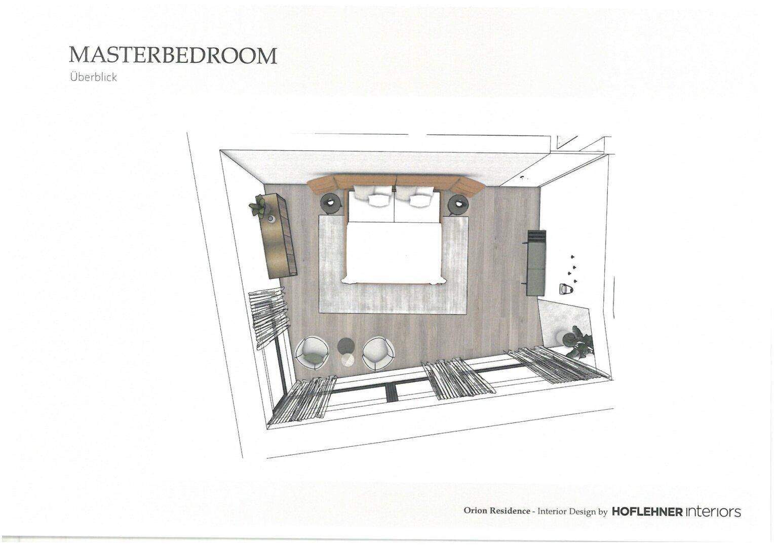 Grundriss des Master-Schlafzimmers mit Doppelbett, Sitzbereich und Zugang zu einem Balkon.