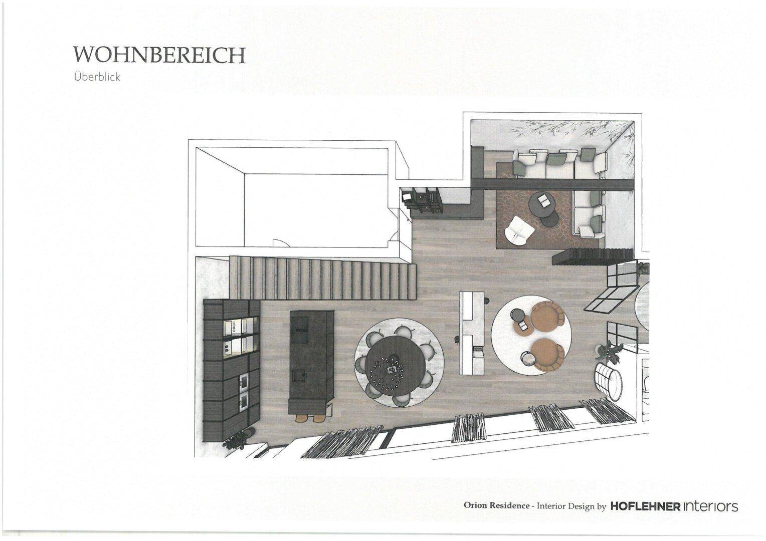 Grundriss des offenen Wohnbereichs mit Esszimmer, Küche und angrenzendem Wohnzimmer.
