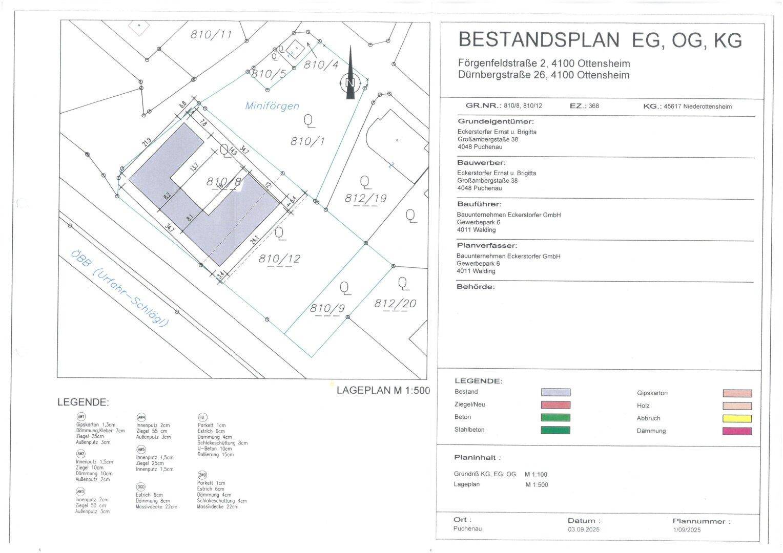 Bestandsplan des Grundstücks mit eingezeichneten Gebäuden und Parzellen.