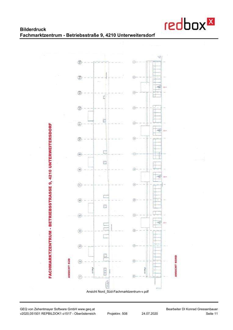 Architektonische Ansichten des Fachmarktzentrums von Nord und Süd, die die Fassadengestaltung zeigen.