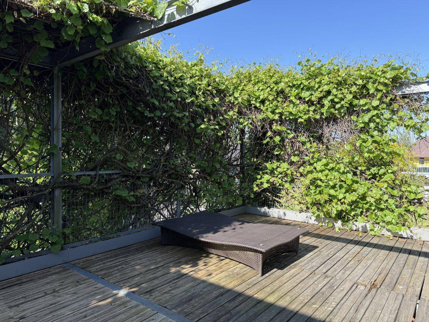 Grüne Dachterrasse mit Holzdeck und üppiger Bepflanzung, ideal zum Entspannen im Freien.