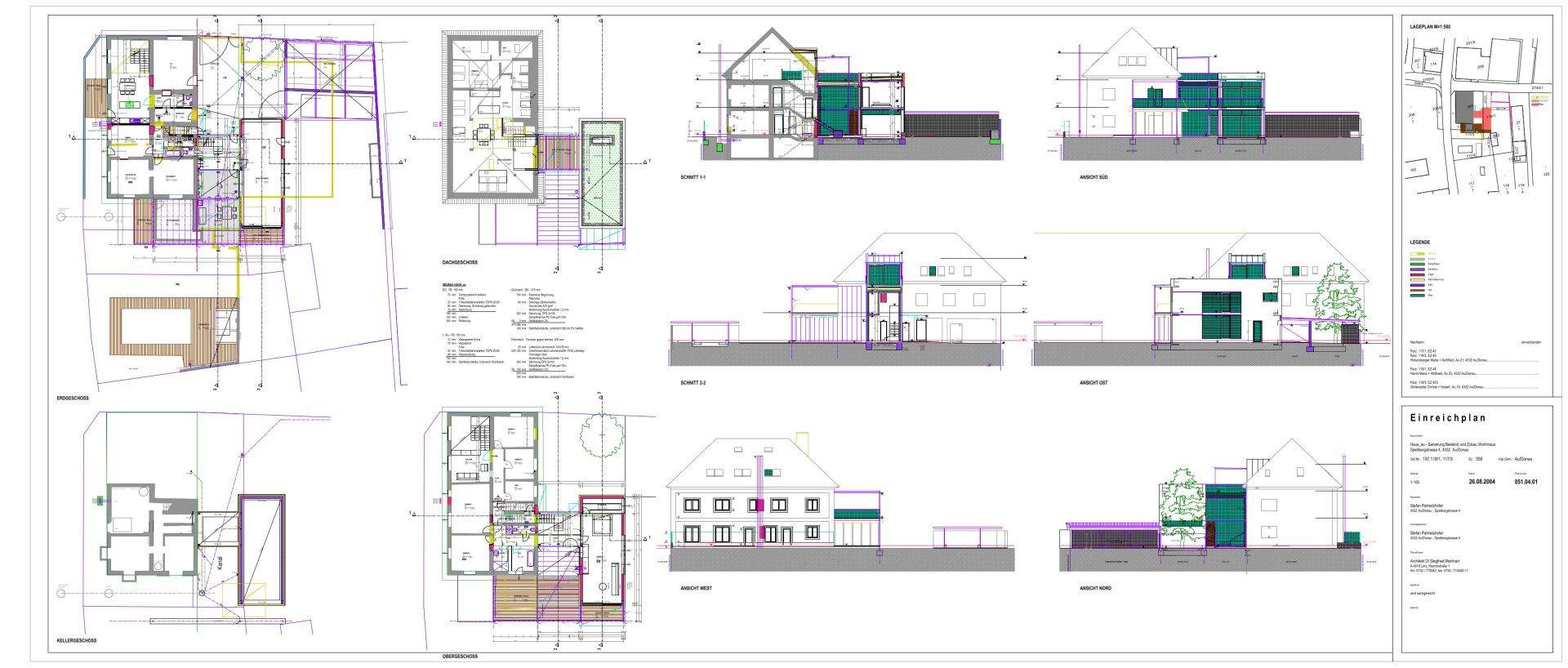 Architektonische Pläne zeigen Grundrisse, Schnitte und Ansichten eines modernen Hauses mit Pool und Garten.