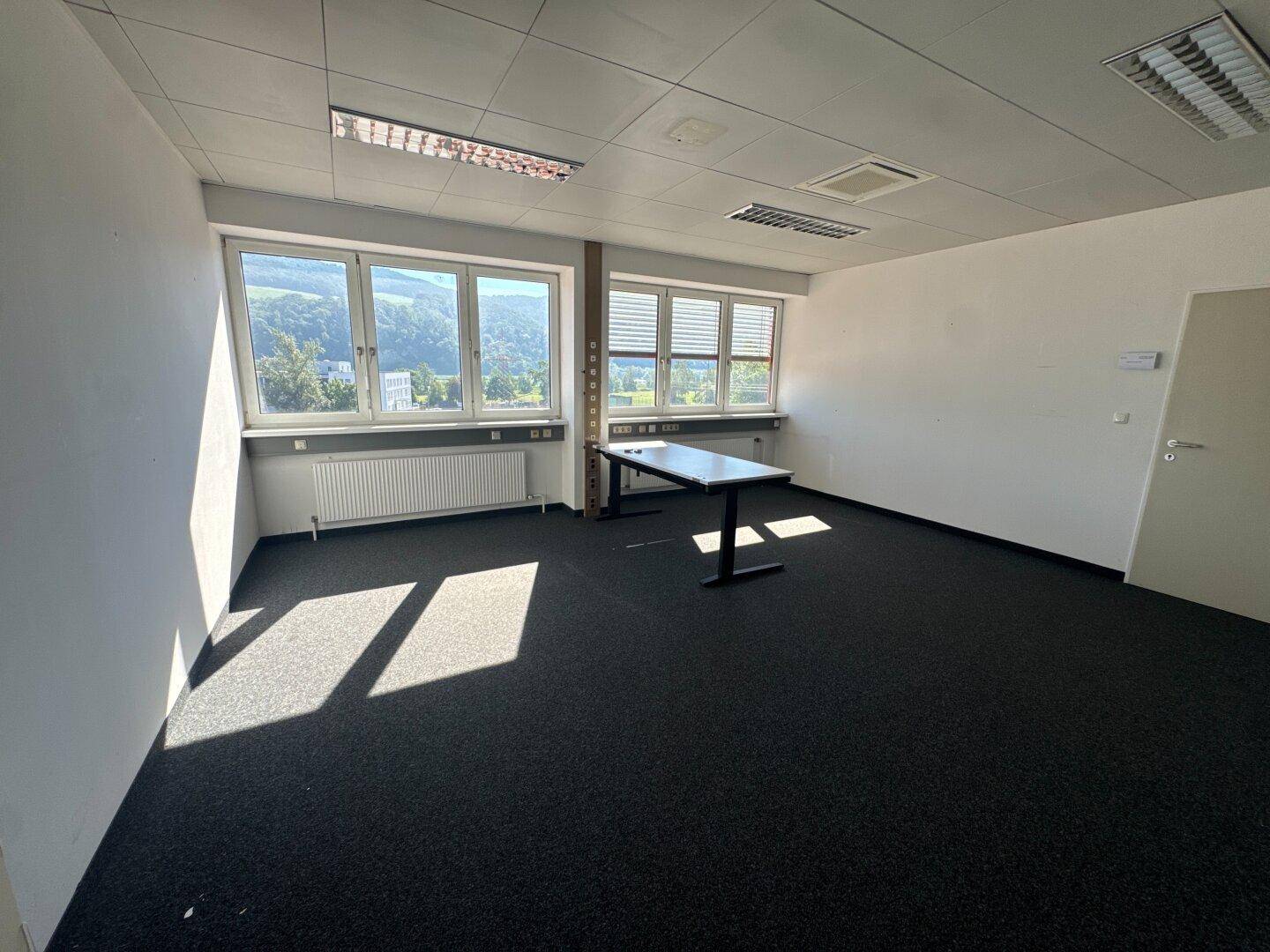 Helles Büro mit dunklem Teppichboden, einem Tisch und Fenstern mit weitem Ausblick.