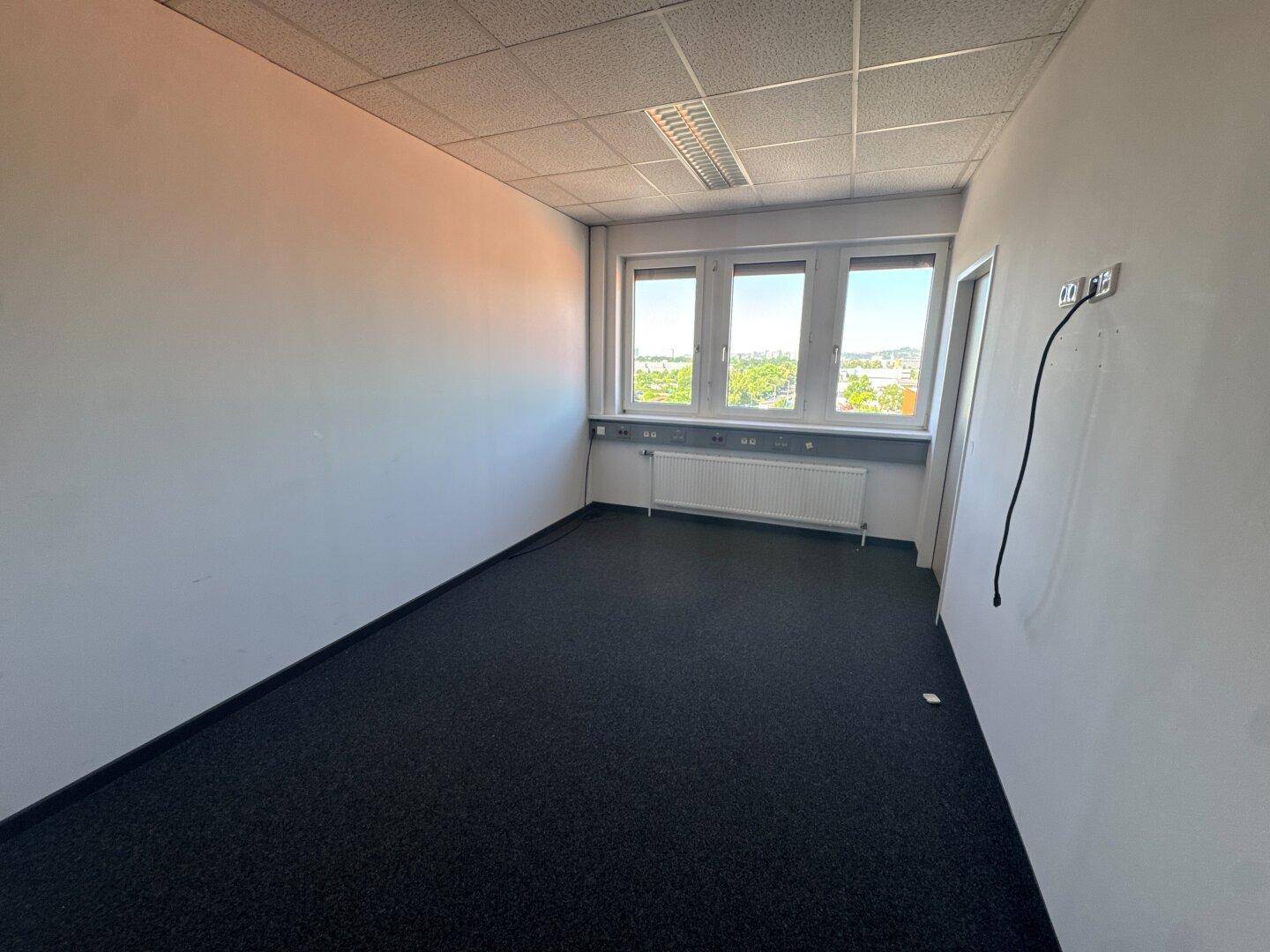 Kleineres Büro mit dunklem Teppichboden und einem Fenster, das Tageslicht hereinlässt.