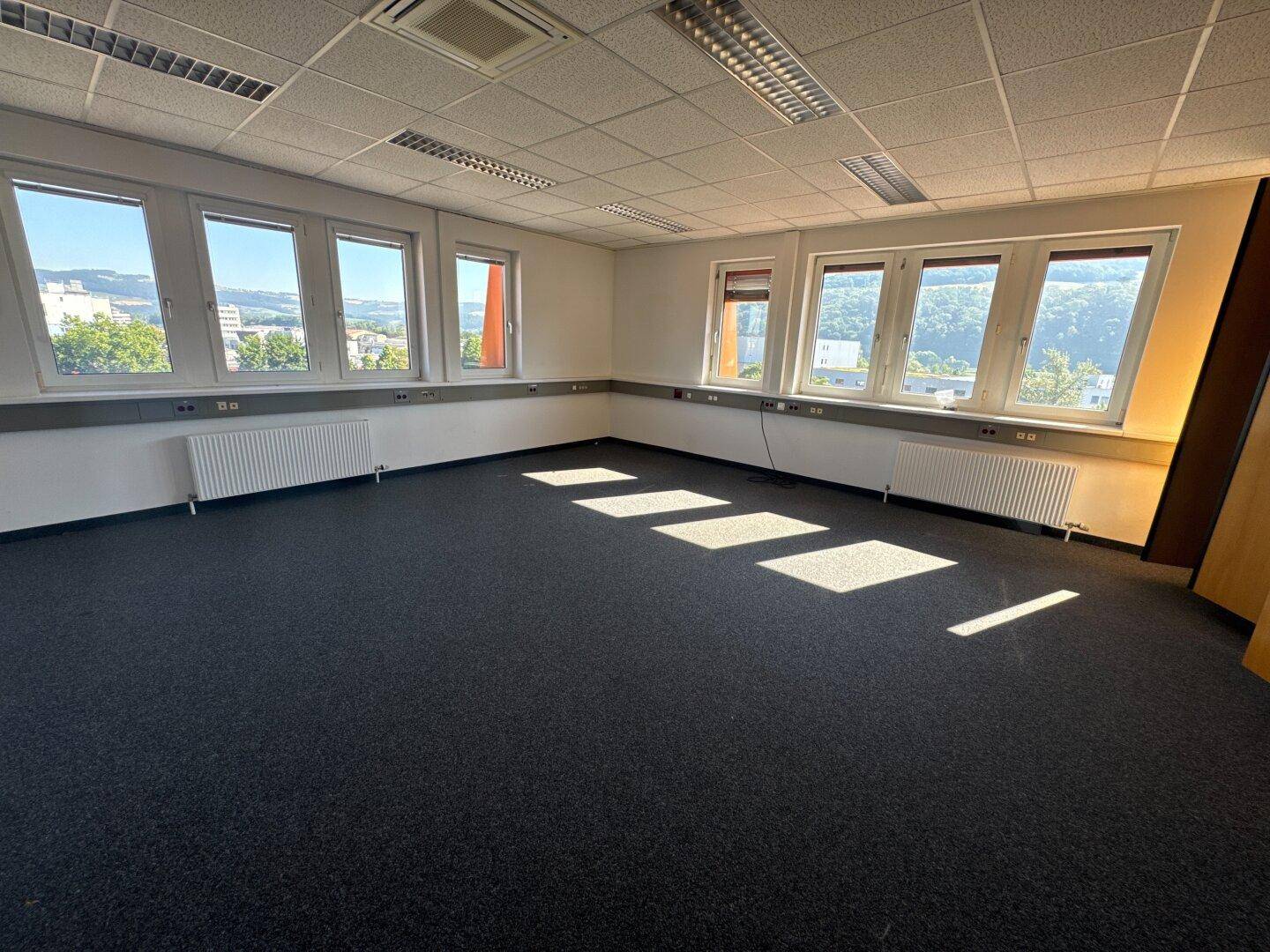 Geräumiges Büro mit dunklem Teppichboden, großen Fenstern und viel natürlichem Licht.