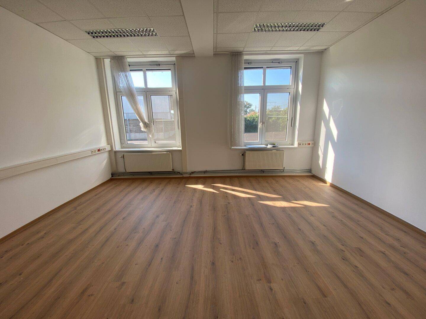 Helles, leeres Büro mit Laminatboden und zwei großen Fenstern, die viel Tageslicht hereinlassen.