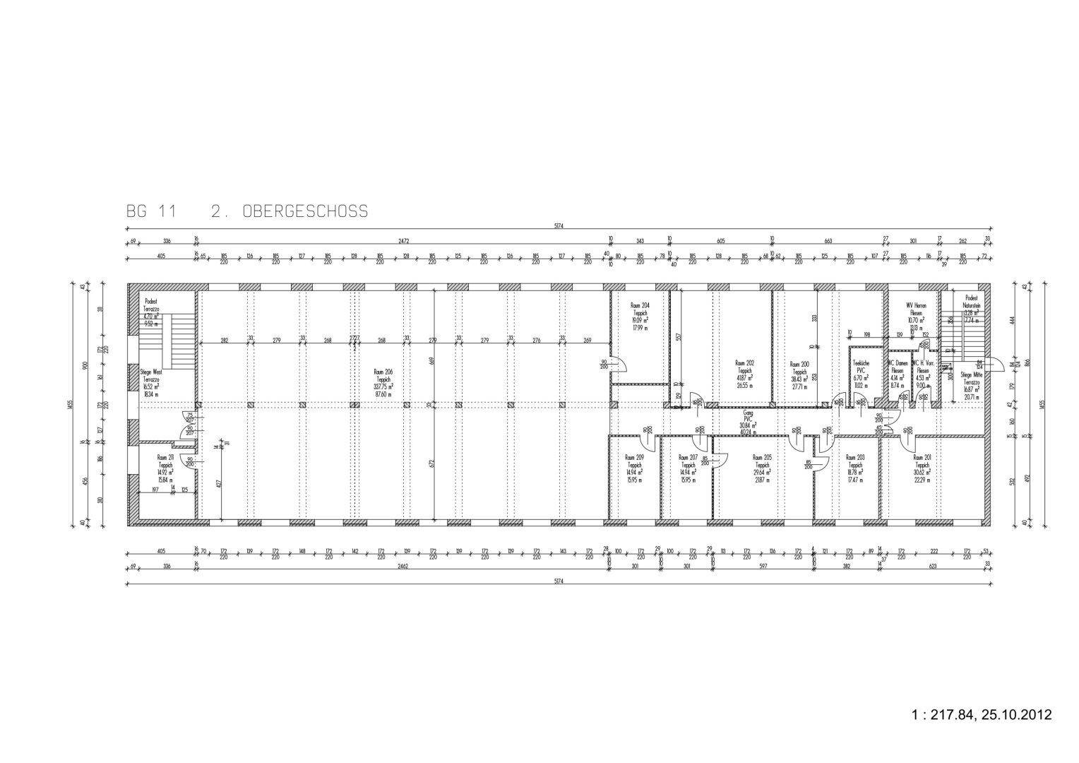 Grundriss des zweiten Obergeschosses mit verschiedenen Büroeinheiten und Treppenhauszugang.