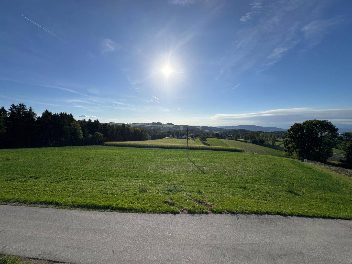 Unverbaubarer Blick auf die weite, grüne Landschaft mit Feldern und einem klaren Horizont.