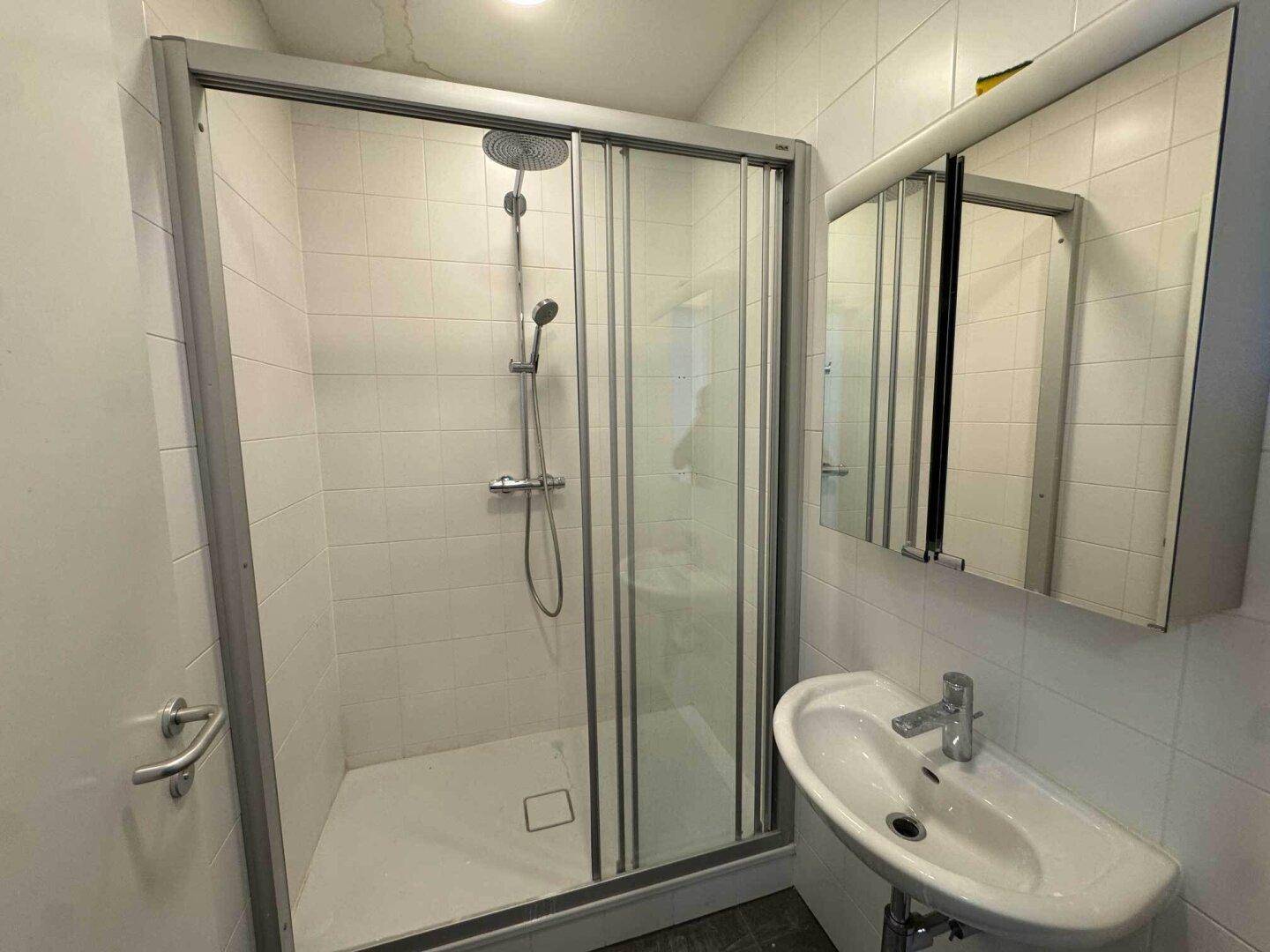 Modernes Badezimmer mit Duschkabine, Waschbecken und Spiegelschrank, hell gefliest.