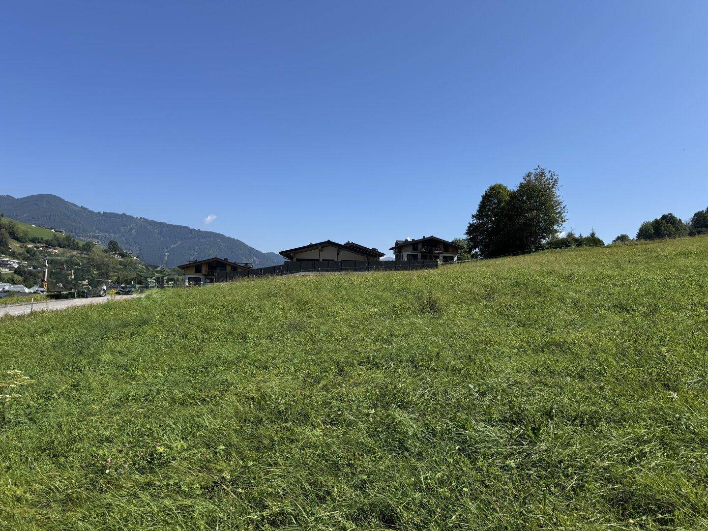 Grüne Wiesen im Vordergrund mit traditionellen Häusern auf einem Hügel unter klarem, blauem Himmel.