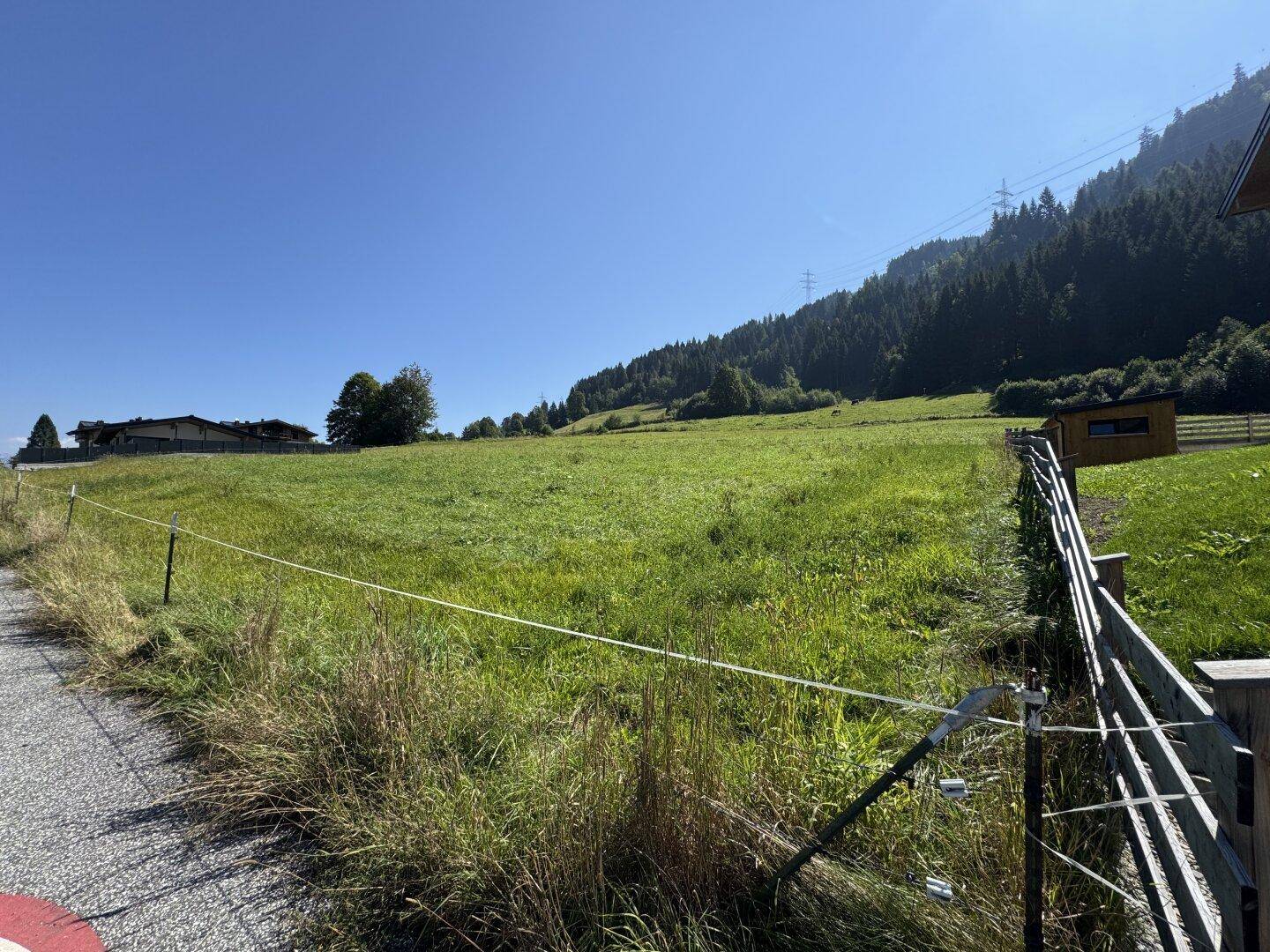 Weite grüne Wiesen mit einem Zaun im Vordergrund und Stromleitungen vor bewaldeten Hügeln.