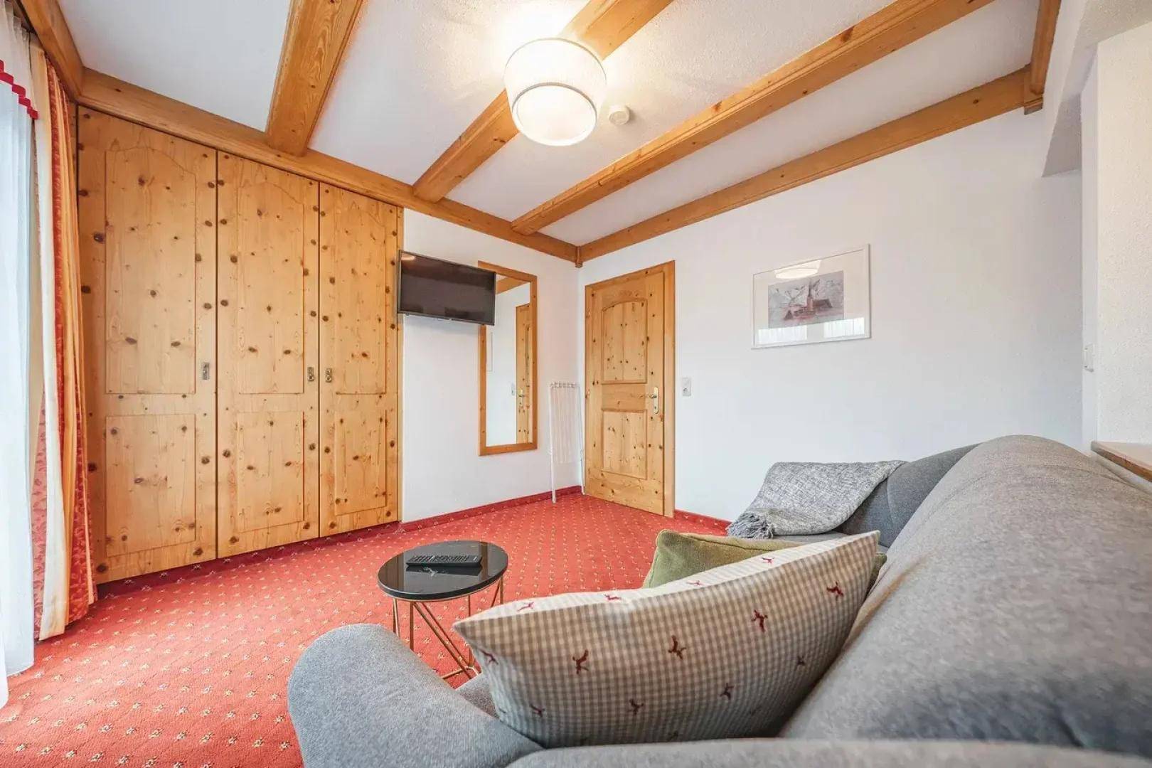 Wohnzimmer mit bequemer Couch, Fernseher und großen Holzschränken auf rotem Teppichboden.