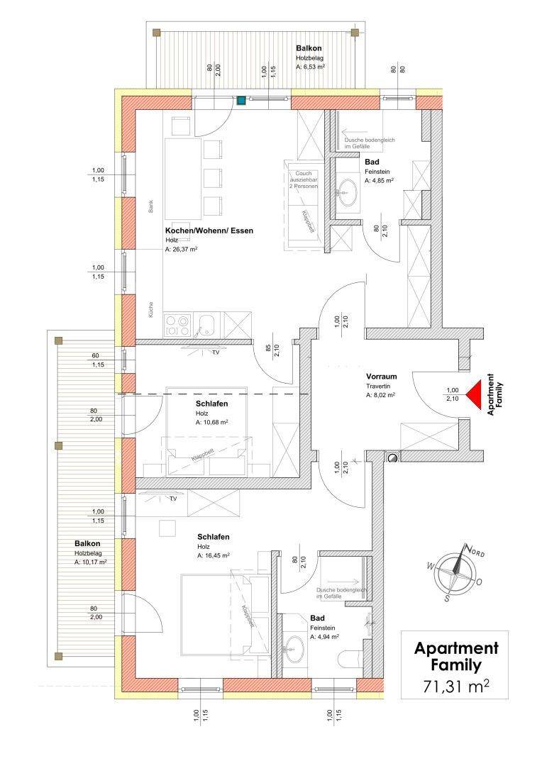 Detaillierter Grundriss für ein Apartment mit zwei Schlafzimmern, Balkonen und offenem Wohnbereich.