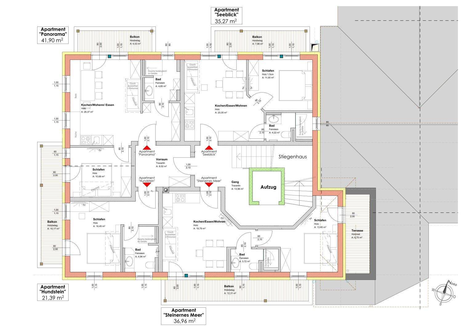 Übersichtlicher Grundrissplan eines Gebäudes mit mehreren Apartments und einem Aufzug.