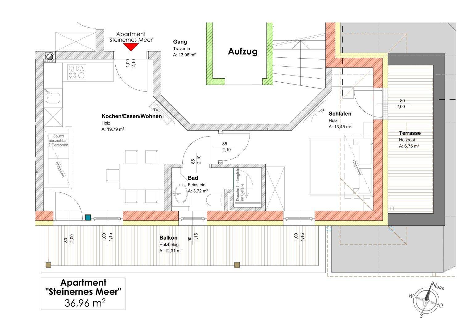 Grundriss eines Apartments mit einem Schlafzimmer, Balkon, Terrasse und offenem Wohnbereich.