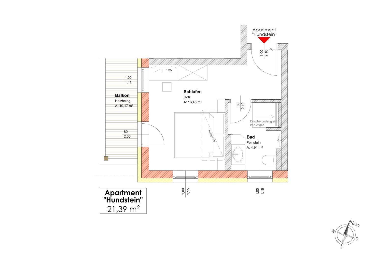 Kompakter Grundriss eines Apartments mit einem Schlafzimmer, Balkon und Badezimmer.