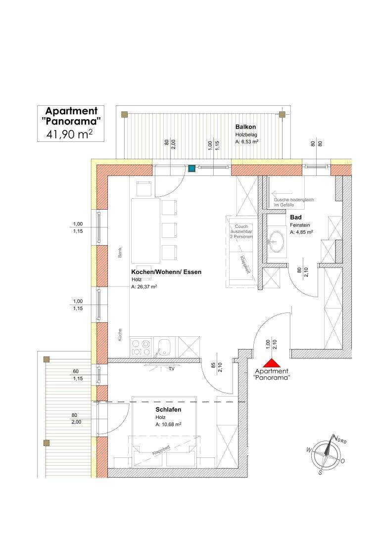 Grundriss eines Apartments mit einem Schlafzimmer, Balkon und offenem Wohn-Essbereich.