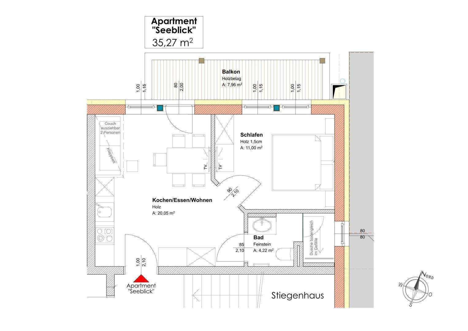 Grundriss eines Apartments mit einem Schlafzimmer, Balkon und offenem Wohnbereich.