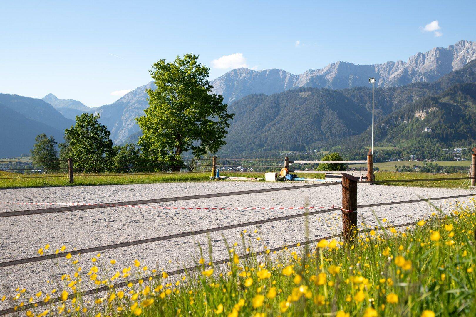 Sandiger Sportplatz mit Netzpfosten und blühenden Wiesen im Vordergrund, umgeben von Bergen.