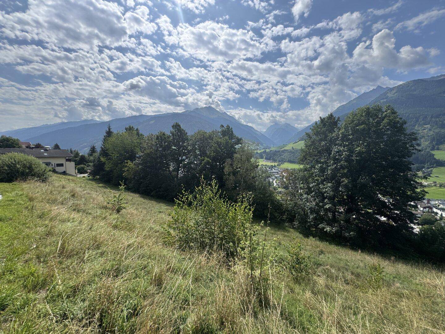 Grüne Hanglage mit vereinzelten Bäumen und einem Haus, das einen weiten Blick auf das Tal und die Berge bietet.