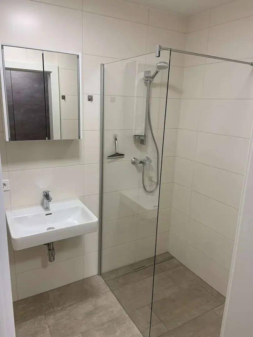 Modernes Badezimmer mit ebenerdiger Dusche, Einzelwaschbecken und Spiegelschrank.