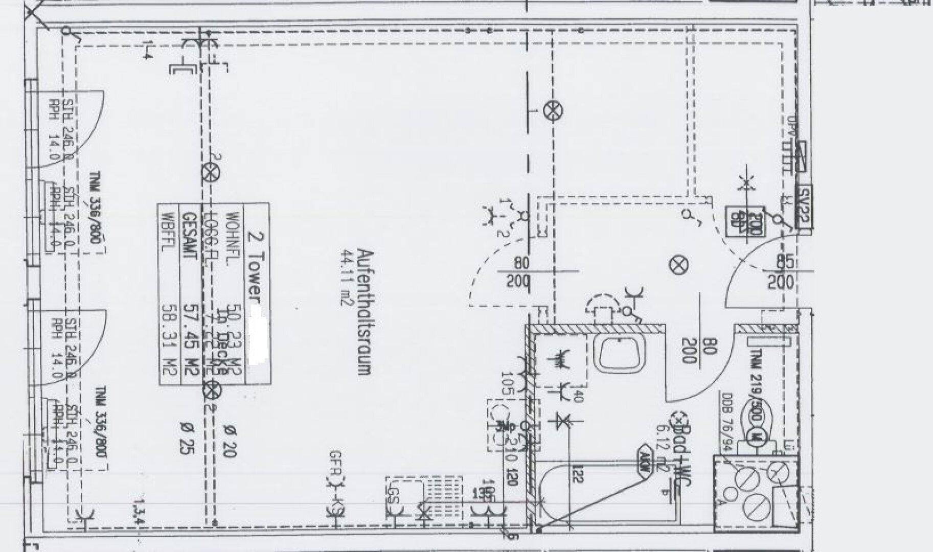 Grundrissplan einer Wohnung mit Aufenthaltsraum, Bad und WC, inklusive Flächenangaben.