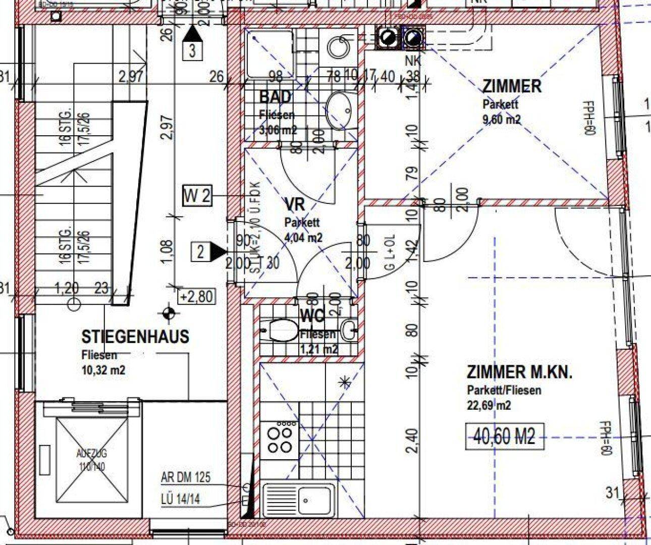 Grundrissplan zeigt die Aufteilung der Zimmer, Bad und WC mit Flächenangaben.