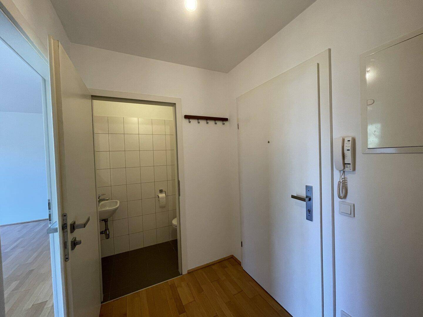Eingangsbereich mit Parkettboden und Zugang zu den weiteren Räumen, inklusive Gäste-WC.
