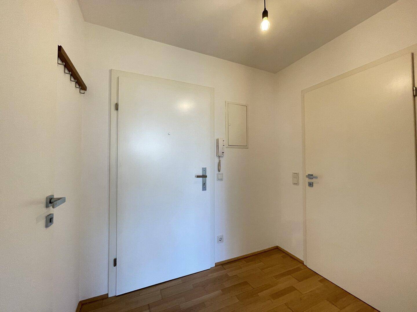 Heller Flur mit Parkettboden und Garderobenhaken, der zu den Wohnräumen führt.