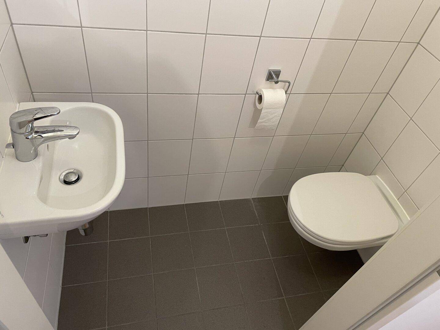 Separates Gäste-WC mit kleinem Waschbecken und Wand-WC, komplett gefliest.