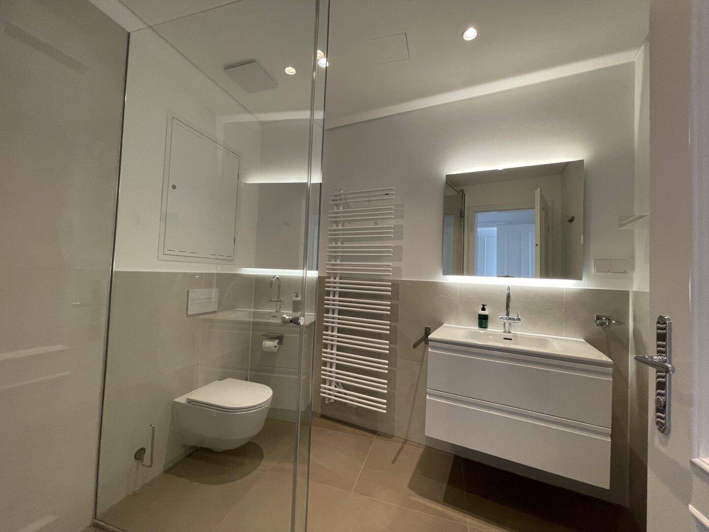 Modernes Badezimmer mit begehbarer Dusche, Wand-WC, Einzelwaschbecken und beheiztem Handtuchhalter.
