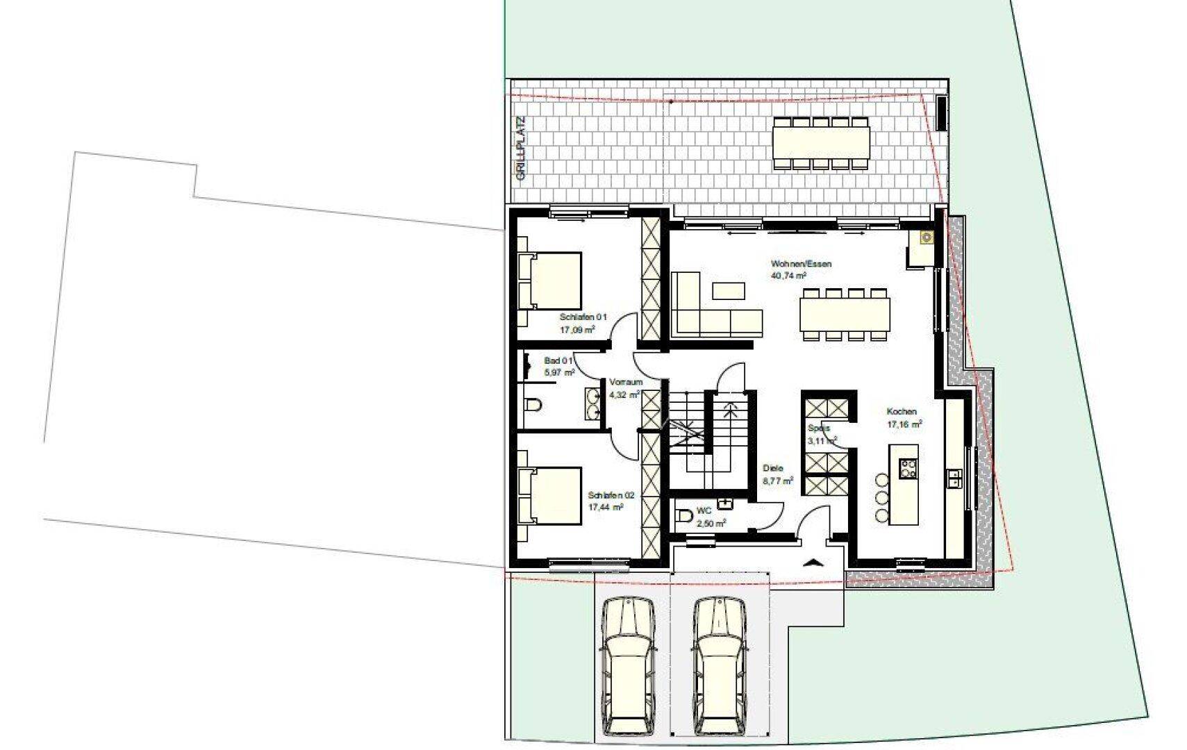 Grundriss des Erdgeschosses mit offenem Wohn-Essbereich, Küche, zwei Schlafzimmern und Terrasse.