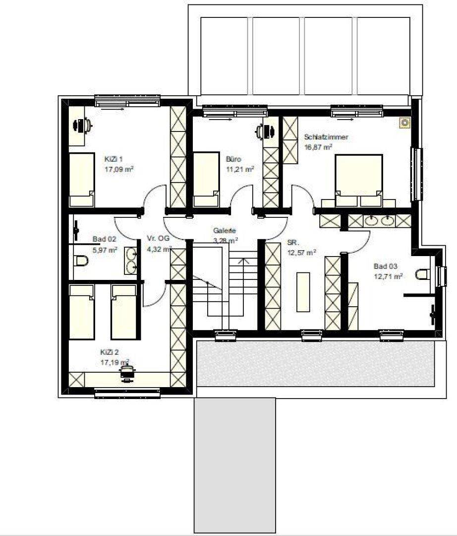 Grundriss des Obergeschosses mit drei Schlafzimmern, einem Büro und zwei Badezimmern.