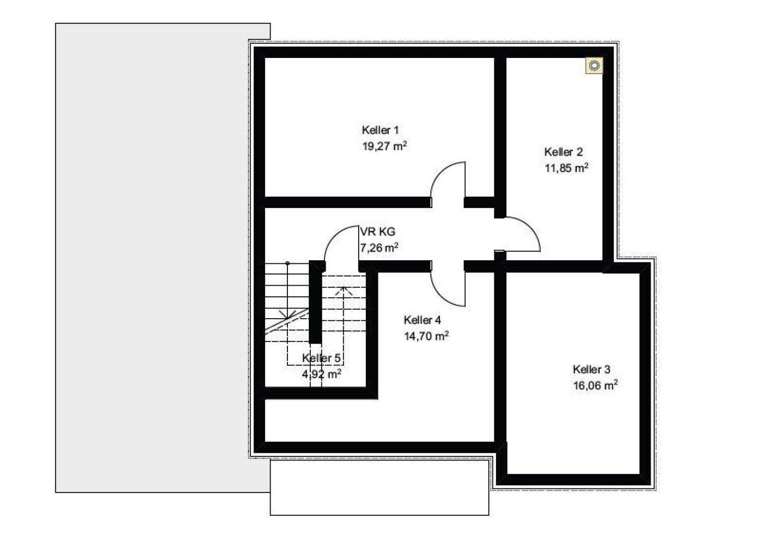Grundriss des Kellergeschosses mit mehreren Kellerräumen und Zugang über eine Treppe.