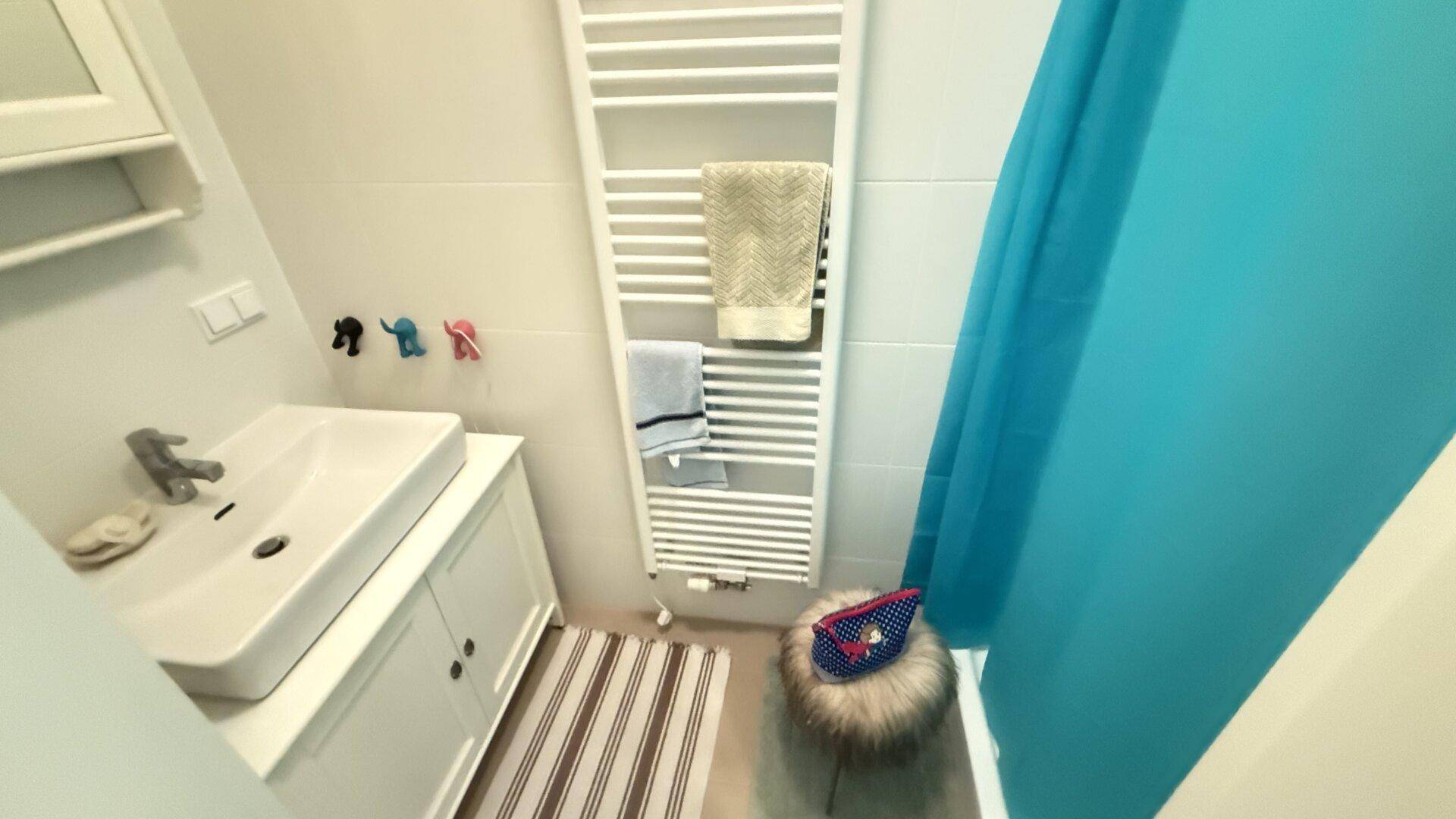 Kleines Badezimmer mit Waschbecken, Spiegelschrank und beheiztem Handtuchhalter.