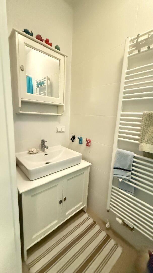 Modernes Badezimmer mit weißem Waschbecken, Spiegelschrank und Handtuchheizkörper.