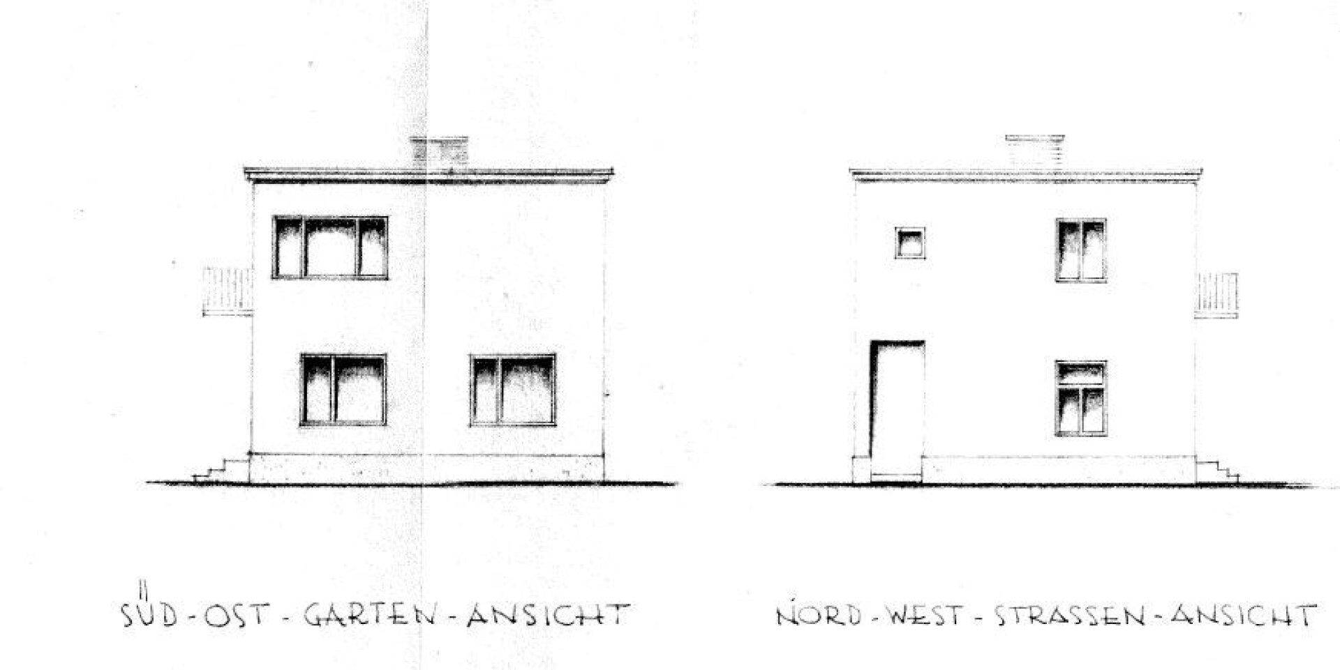 Architektonische Ansichten des Gebäudes von Süd-Ost (Garten) und Nord-West (Straße).