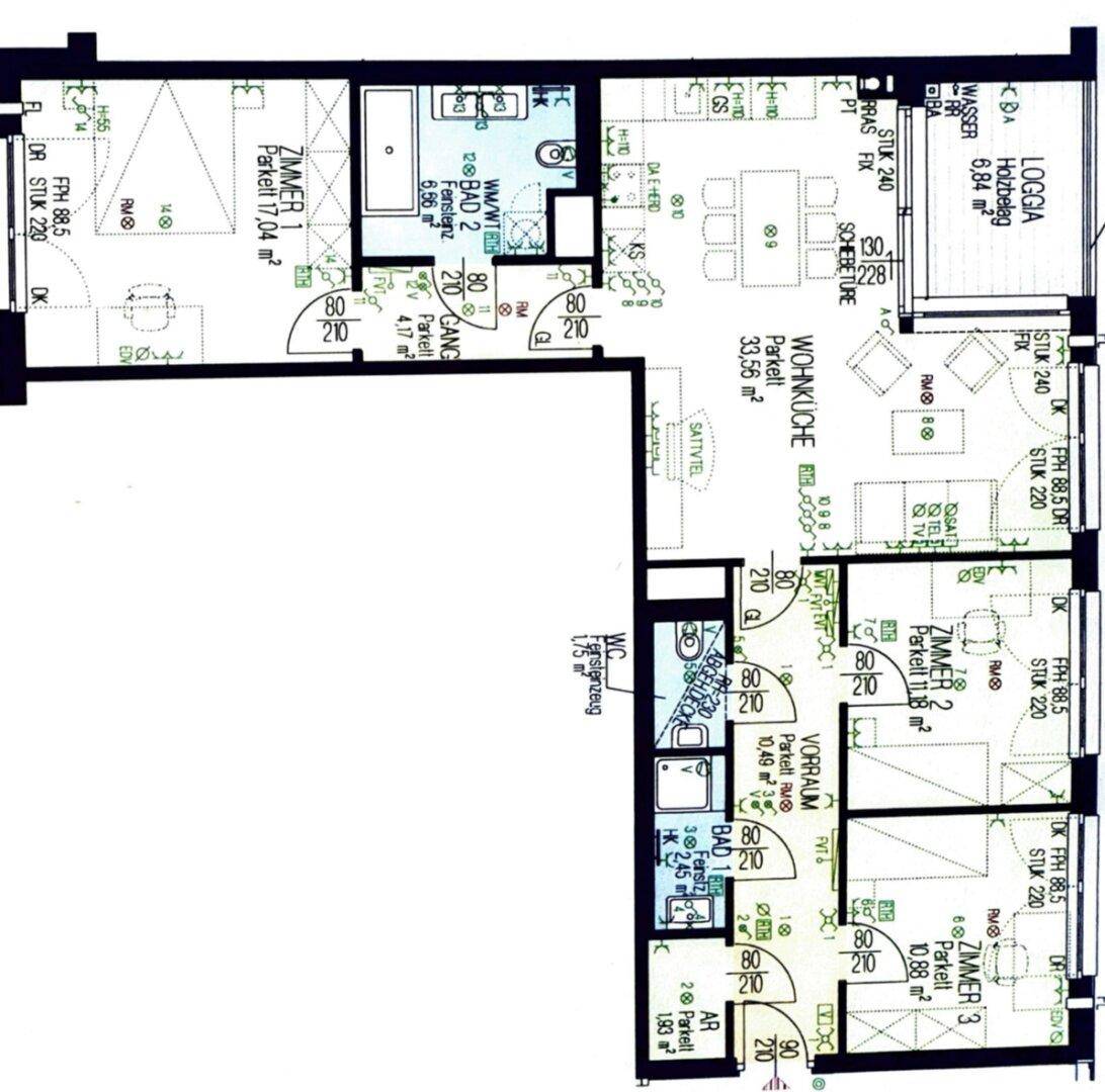 Detaillierter Grundriss einer Wohnung mit mehreren Zimmern und einer Loggia.