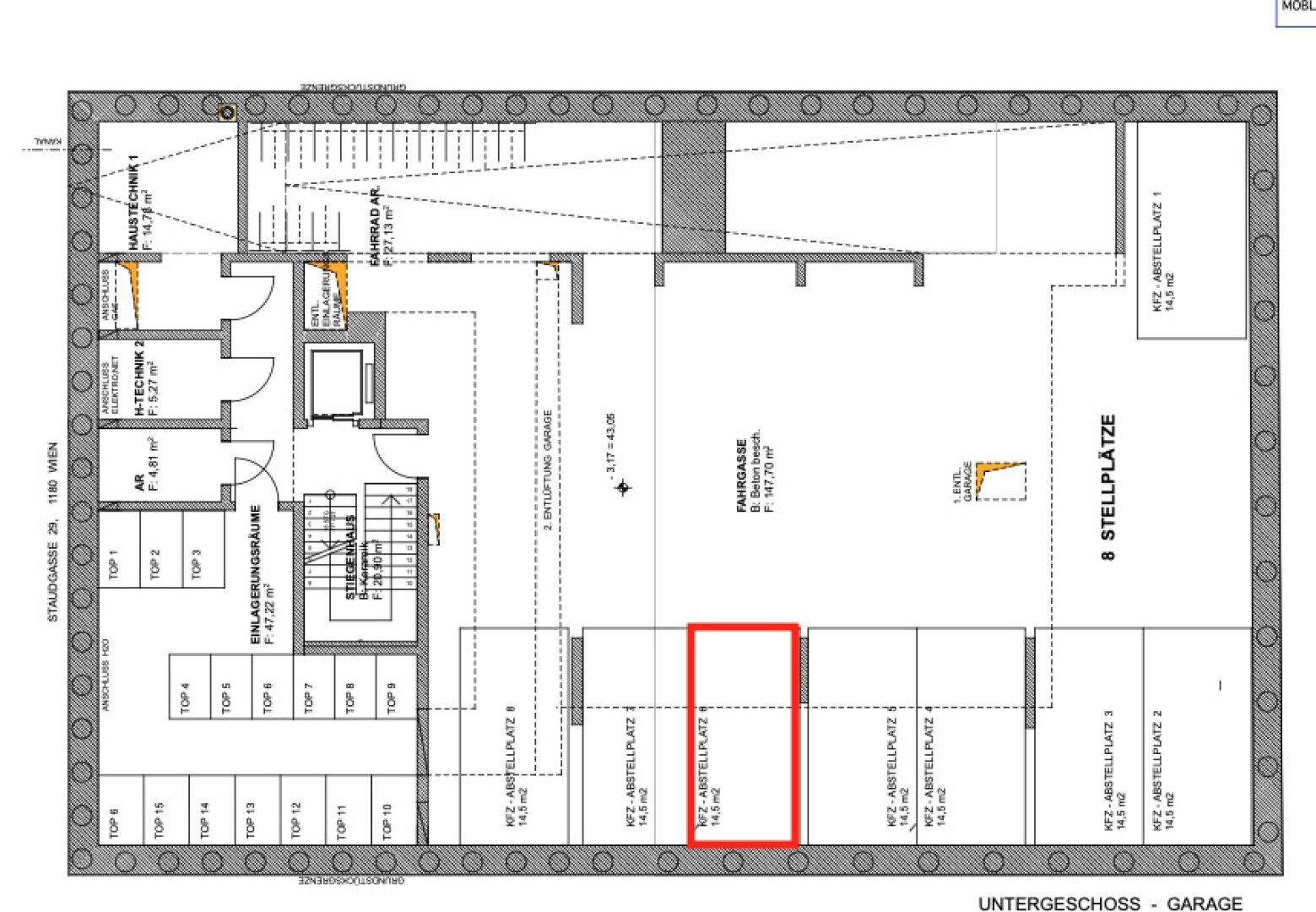 Grundriss der Tiefgarage mit mehreren Stellplätzen, Fahrradraum und Einlagerungsräumen im Untergeschoss.
