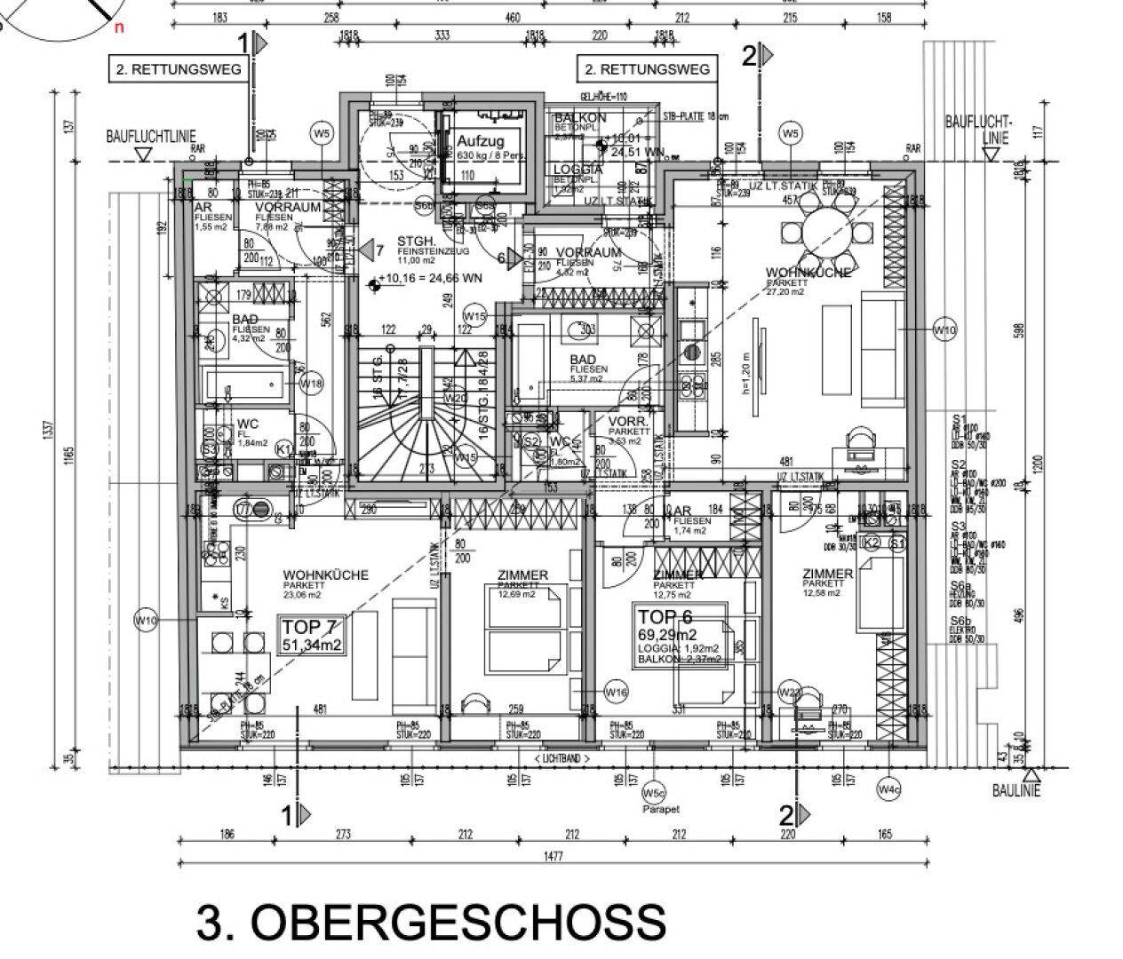 Detaillierter Grundriss des dritten Obergeschosses mit Wohnküchen, Bädern und Loggien.