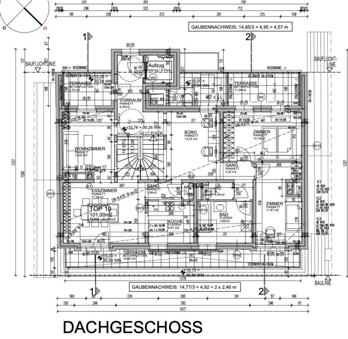 Grundriss des Dachgeschosses mit Wohnzimmer, Büro, Küche und Terrassen.