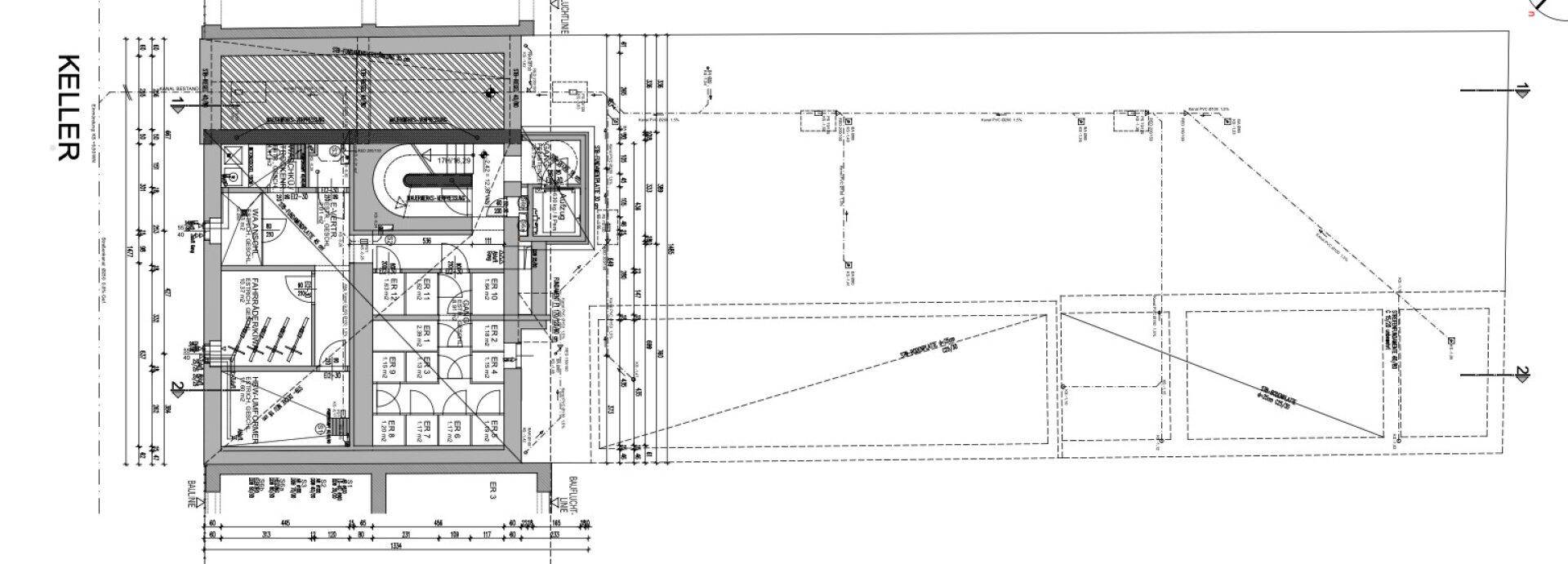 Grundriss des Kellers mit Abstellräumen, Technikbereichen und Treppenzugang.