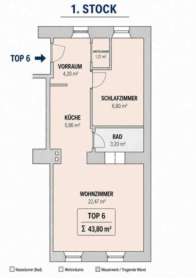 Grundriss der Wohnung "Top 6" im ersten Stock mit Wohnzimmer, Schlafzimmer und Bad.