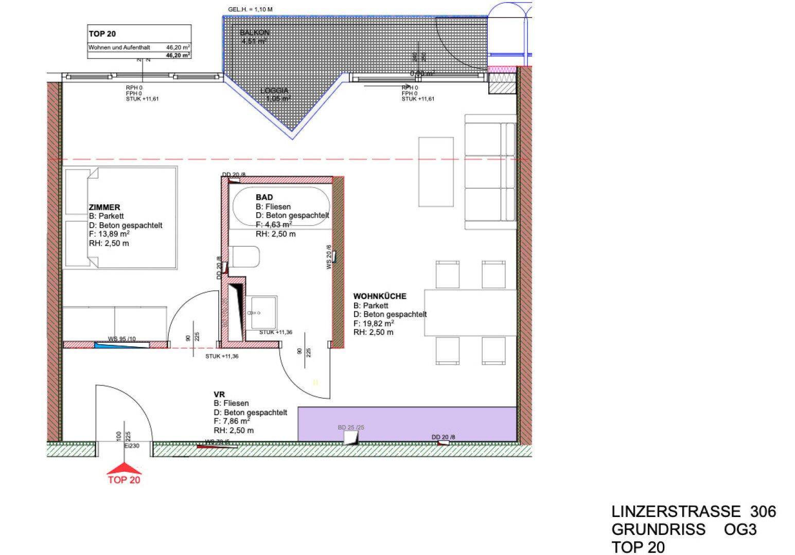 Grundriss einer Wohnung mit Zimmer, Bad, Wohnküche und Balkon, inklusive Flächenangaben.