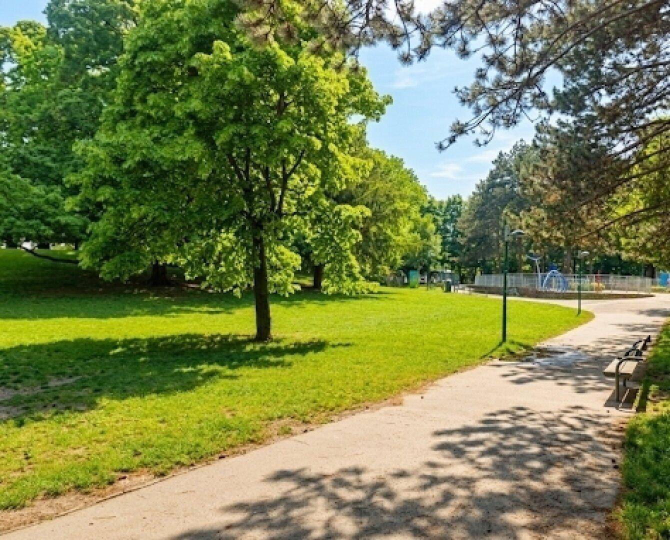 Grüner Park mit Bäumen und Spazierwegen, ideal für Erholung und Freizeitaktivitäten.
