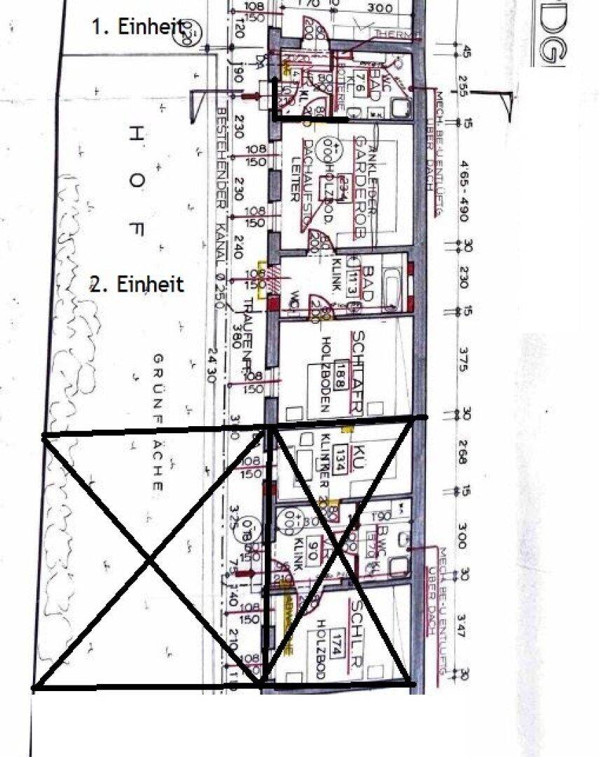 Grundriss des Dachgeschosses mit Schlafzimmern, Bad, WC und Ankleidezimmer.