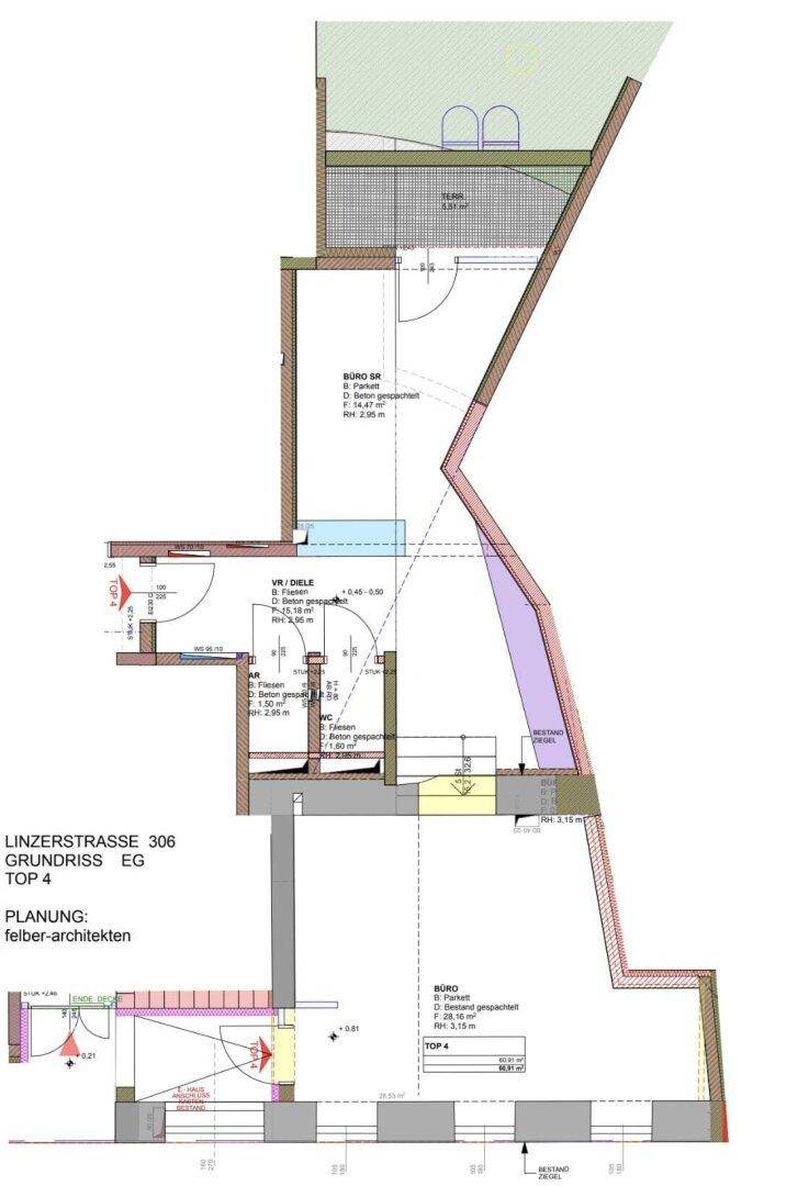 Grundriss einer Wohnung mit mehreren Räumen, einem Balkon und einer Terrasse.