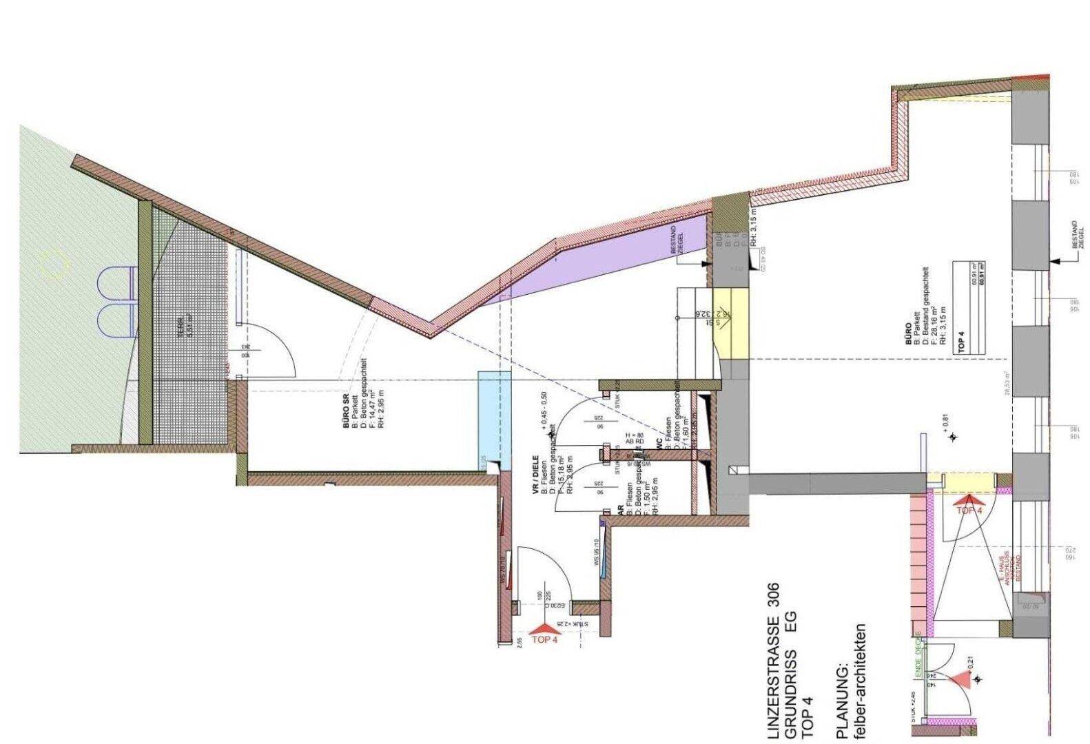 Grundrissplan einer Wohnung mit Terrasse und verschiedenen Räumen, detailliert dargestellt.