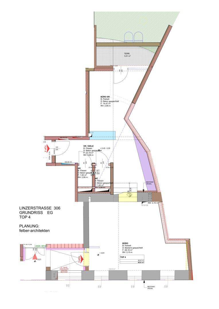 Grundriss einer Wohnung mit mehreren Räumen, einem Balkon und einer Terrasse.