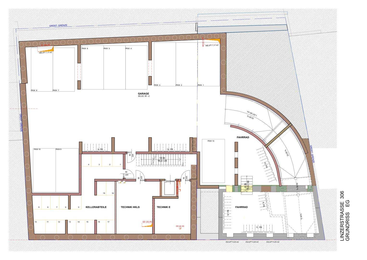 Grundriss des Erdgeschosses mit Garage, Kellerabteilen und Technikräumen, übersichtlich dargestellt.